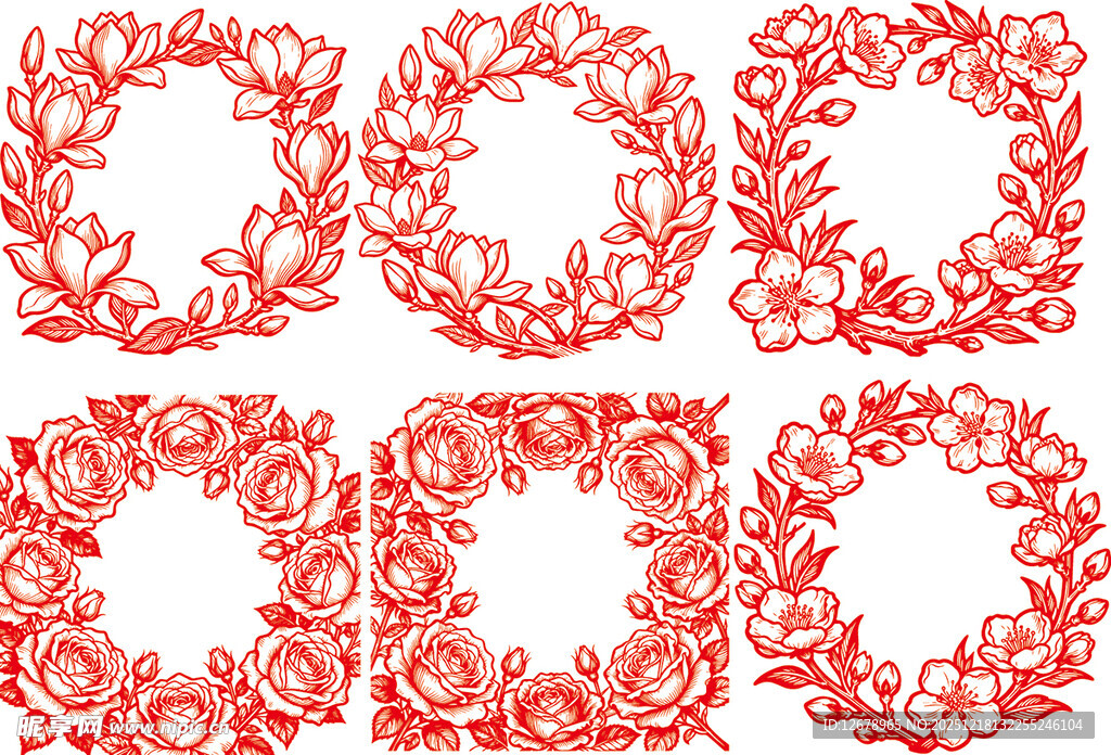 红色花卉装饰边框图案
