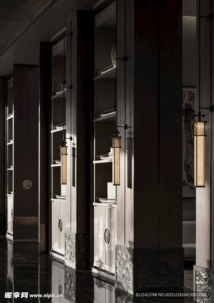 昏暗室内的排列书架