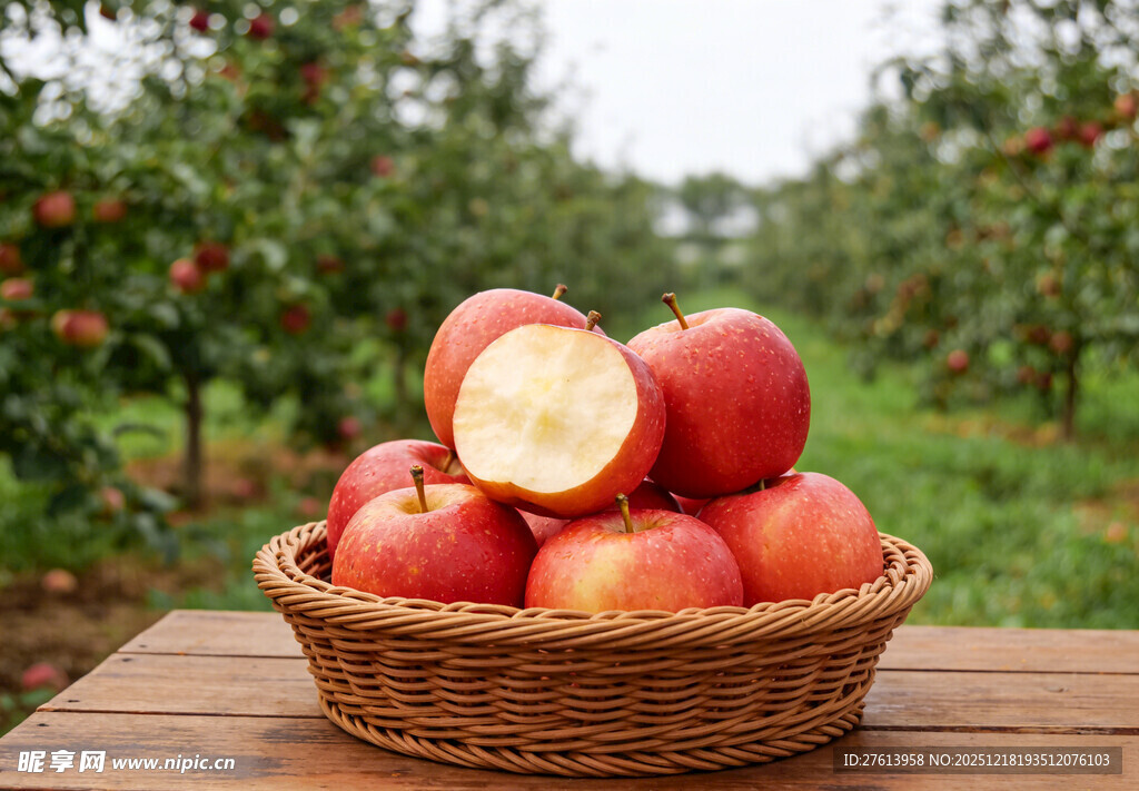 木桌上篮中的红苹果