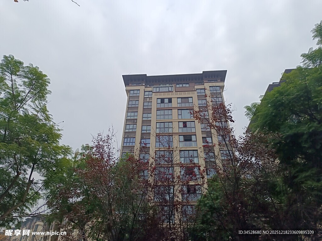 高楼矗立在葱郁树木间