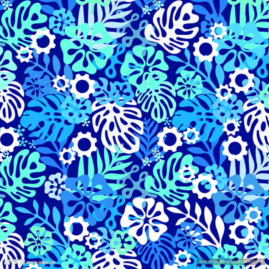 蓝色热带植物花纹图案