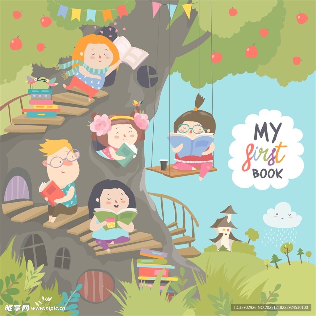 儿童在树屋快乐阅读玩耍