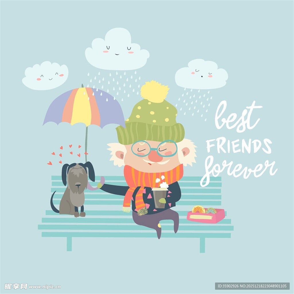 雨中长椅上的老人与猫咪