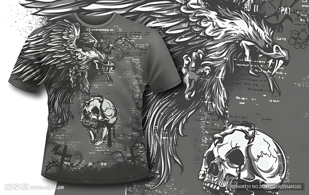 个性龙纹骷髅图案T恤