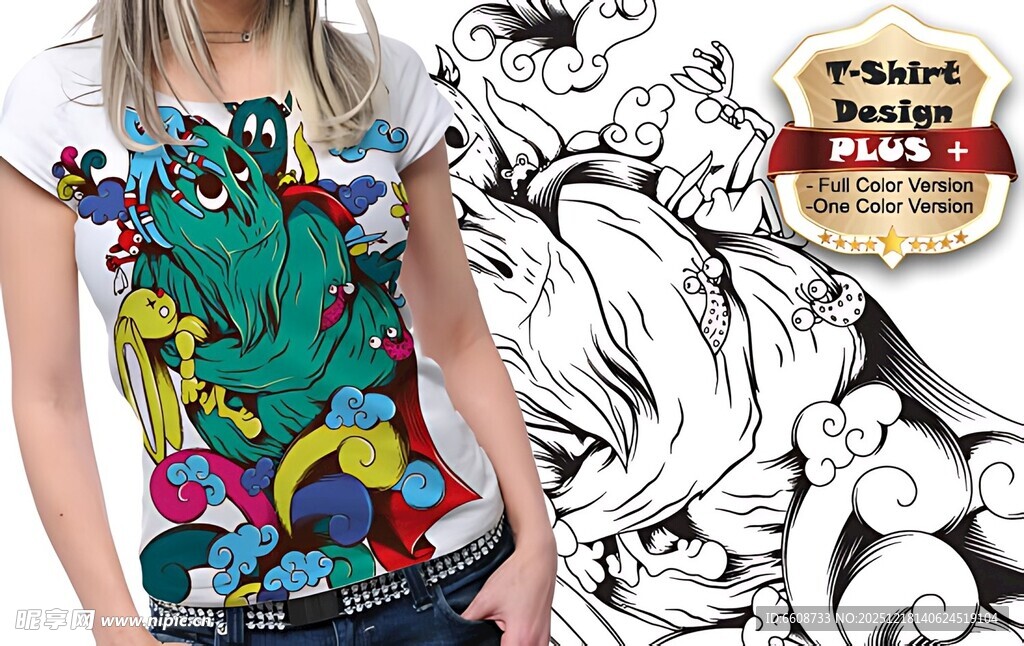 多彩卡通图案女士短袖T恤