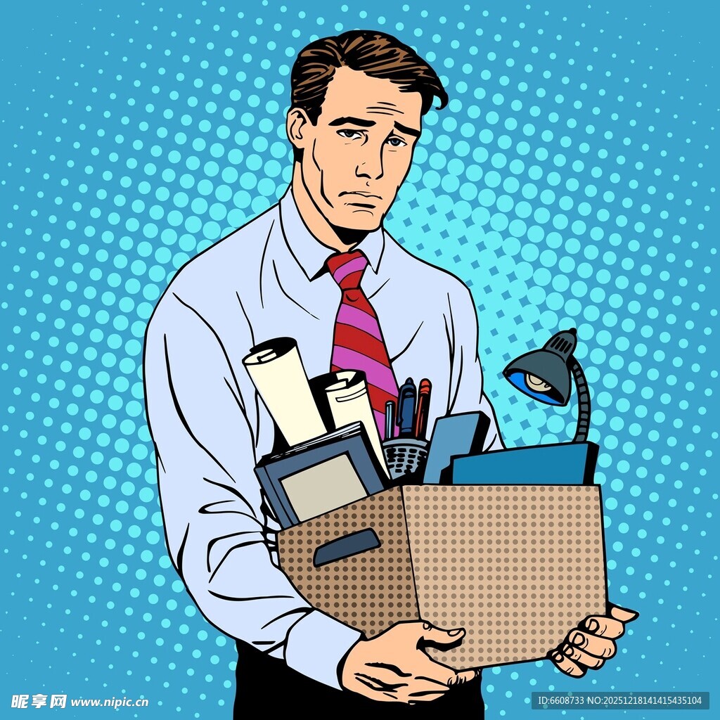 男子手持装满办公用品的纸箱