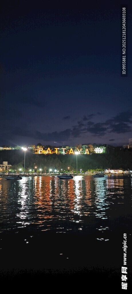 泰国曼谷芭夜晚城市水边美丽倒影