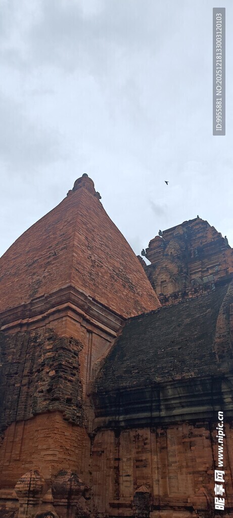 越南芽庄古老红顶建筑与飞鸟