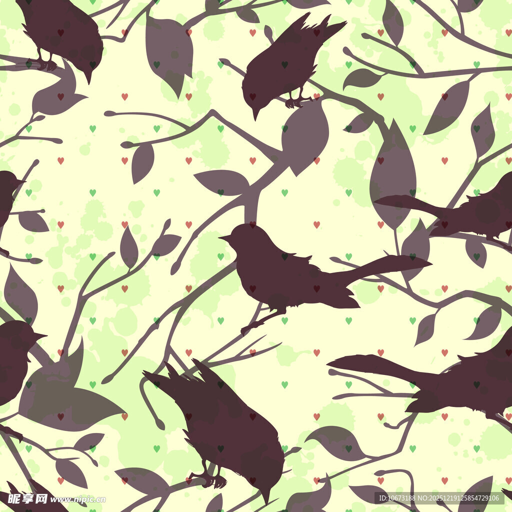 绿叶间的飞鸟剪影图案