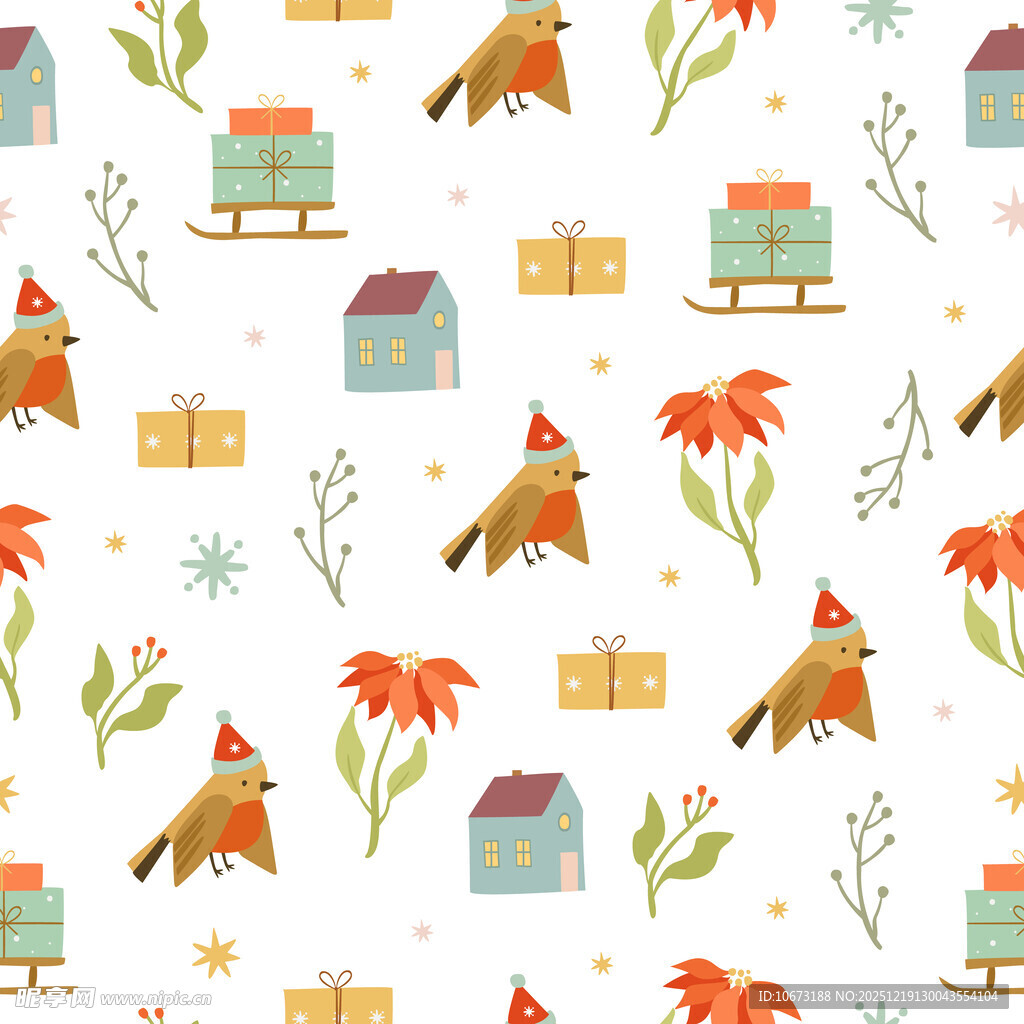 圣诞风小鸟房屋图案设计