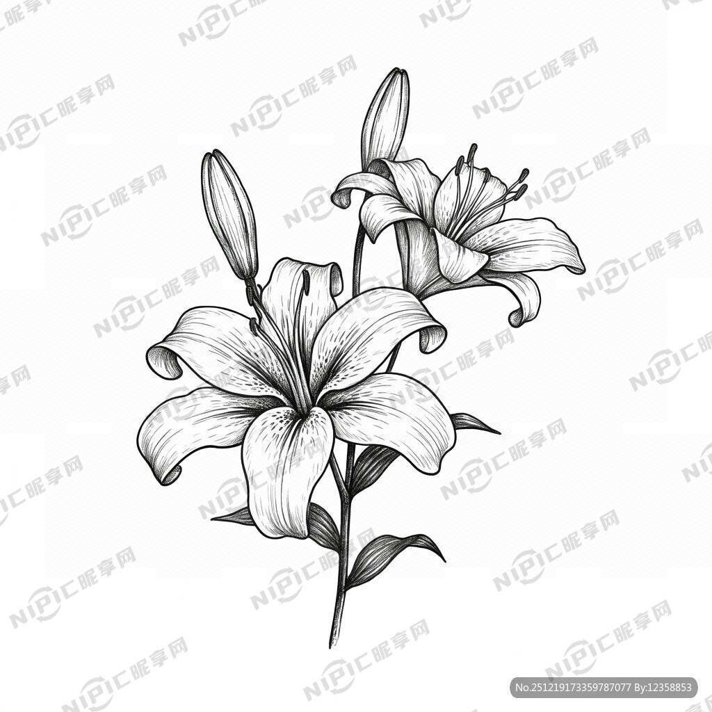 黑白线条画 百合花线条