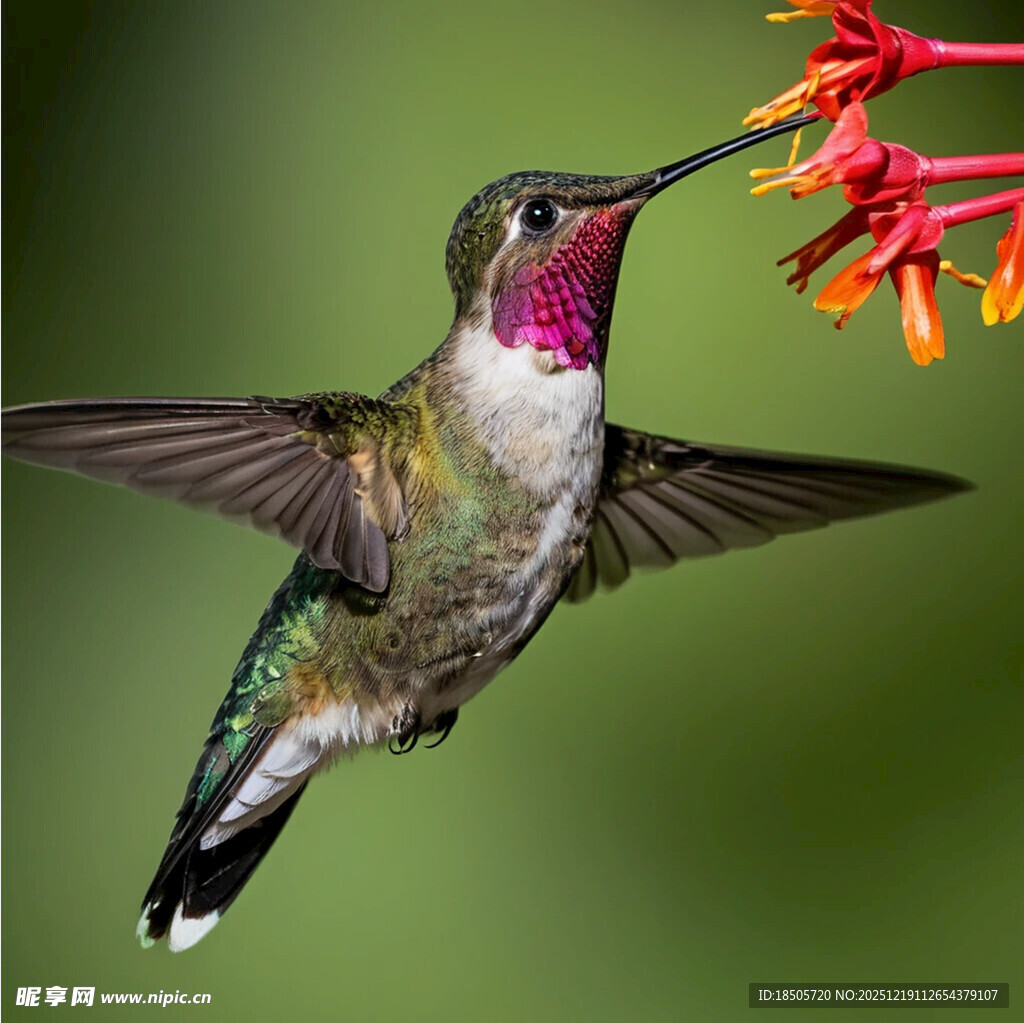 蜂鸟吸食花朵花蜜