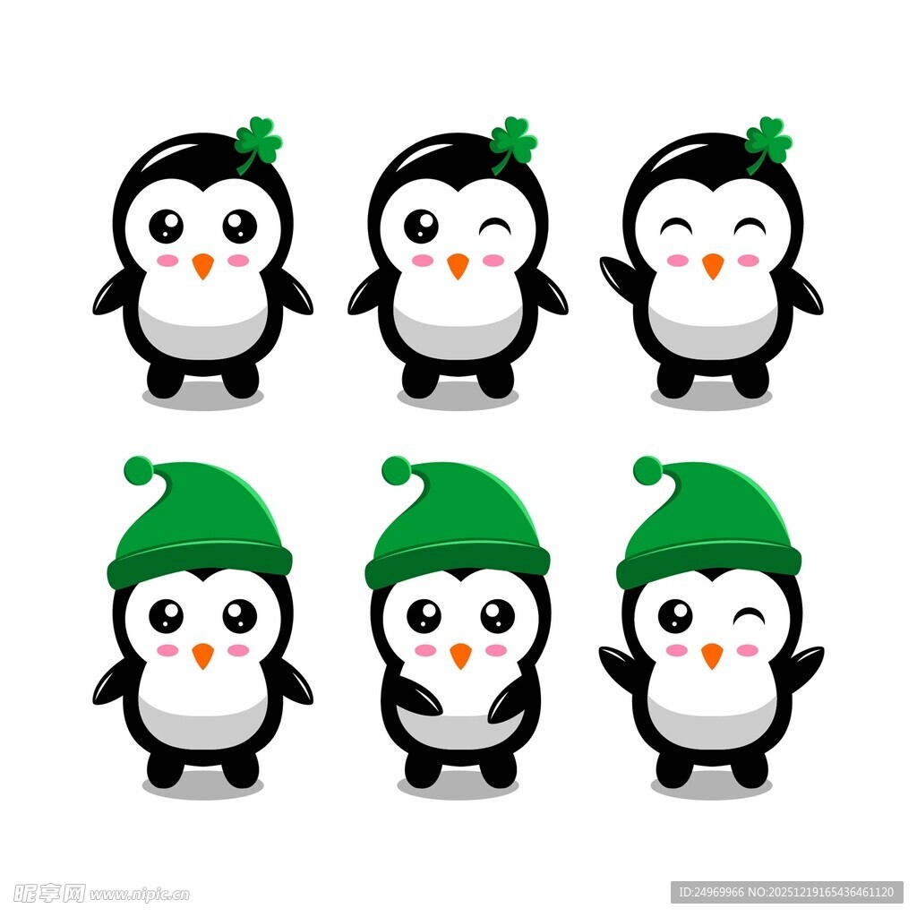 戴绿帽的可爱企鹅六只