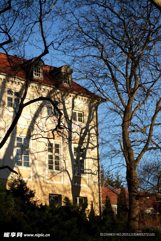 冬日阳光下的古朴建筑