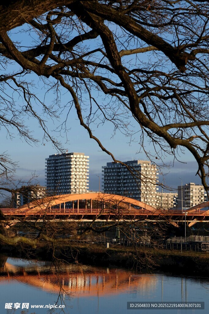 河畔桥梁与城市建筑景观