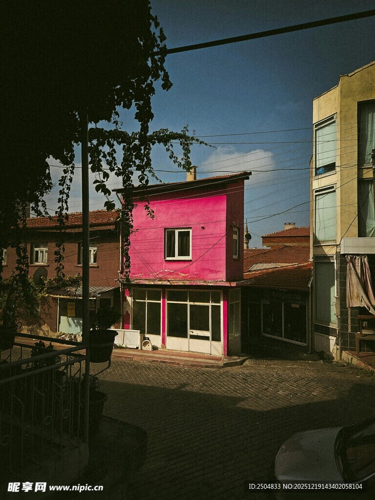 粉色小屋的宁静街景