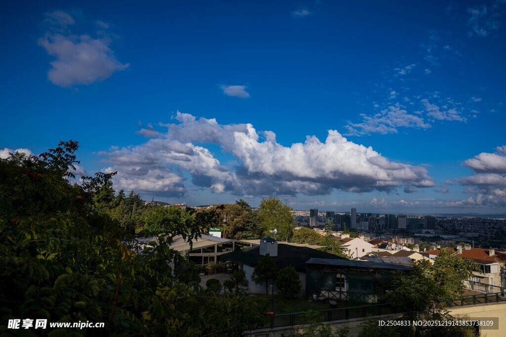蓝天绿树间的美丽城镇