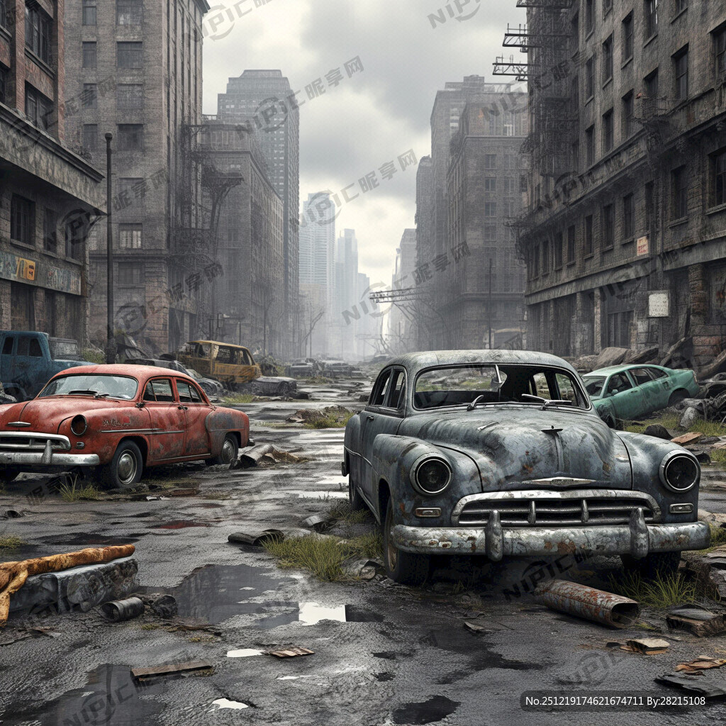 城市废墟 破旧汽车 赛博朋克