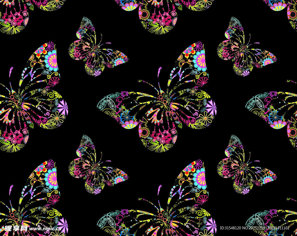 多彩蝴蝶黑色背景图案