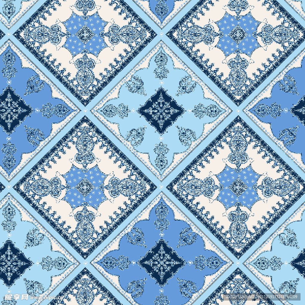 蓝白几何动物图案织物