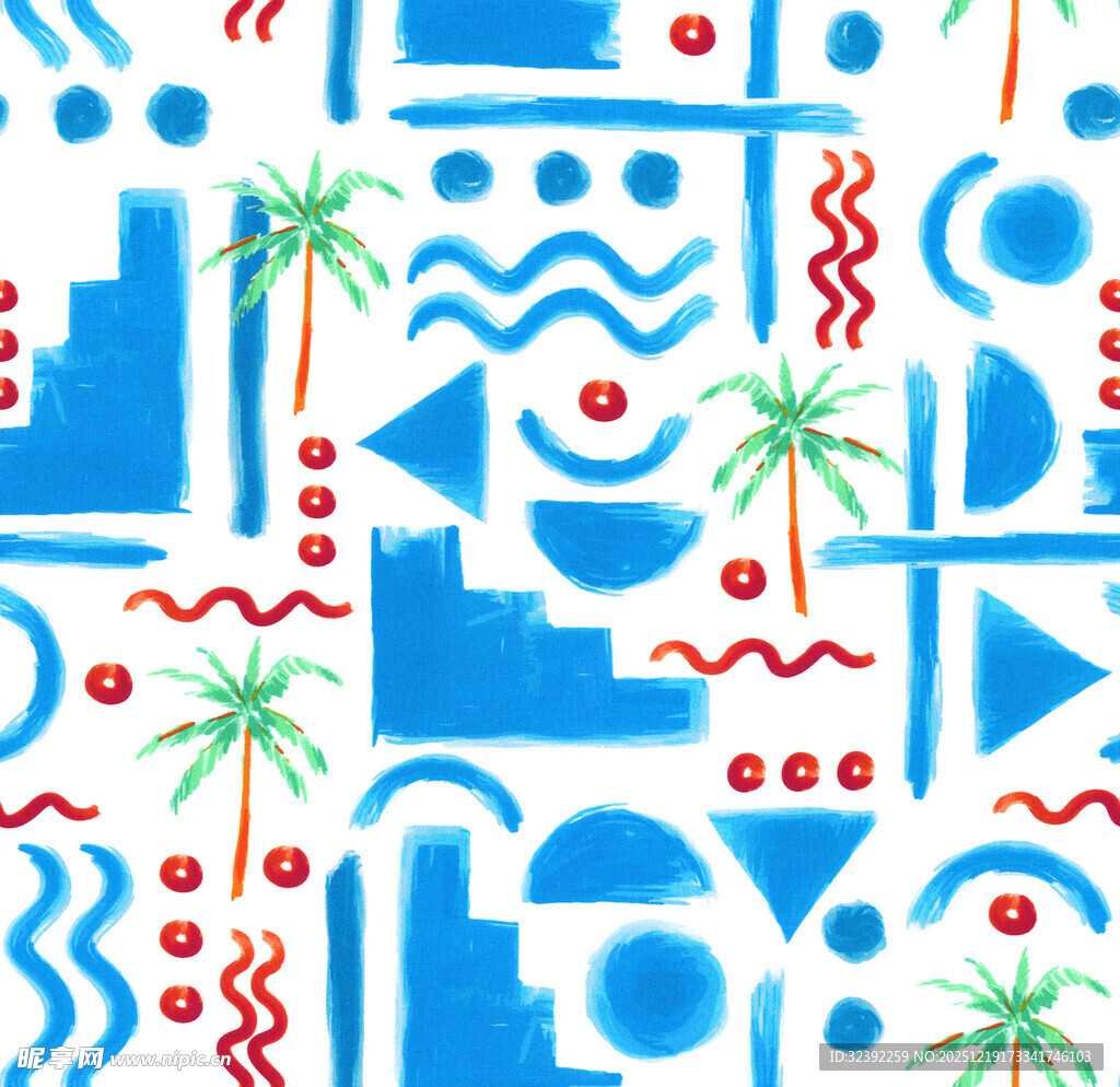 蓝白几何热带风情图案