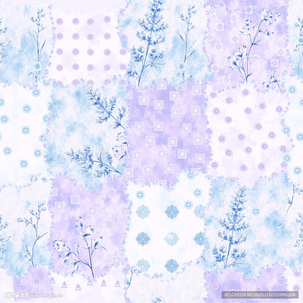 淡蓝紫花卉拼接水彩图案