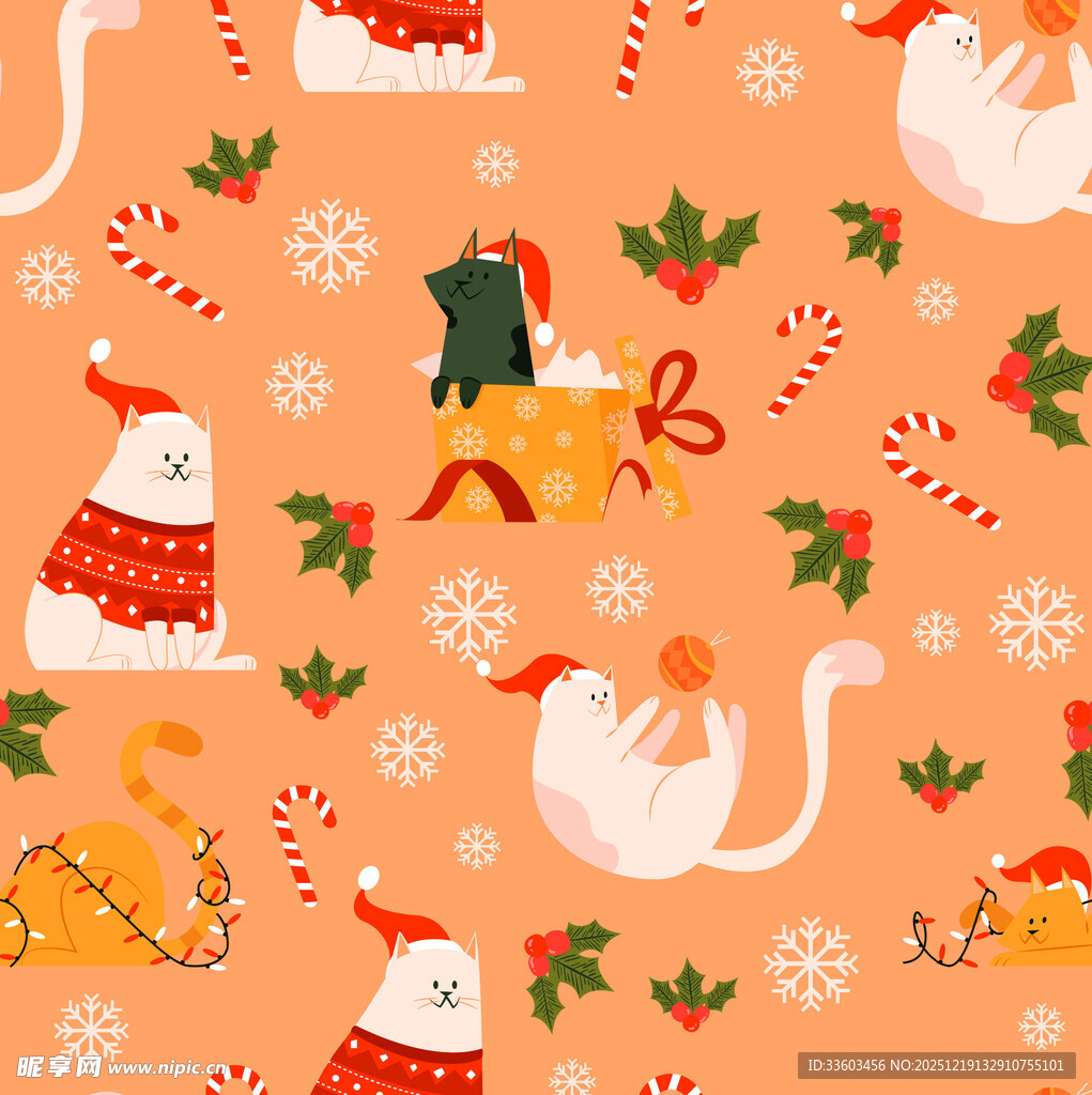 圣诞猫咪主题无缝图案