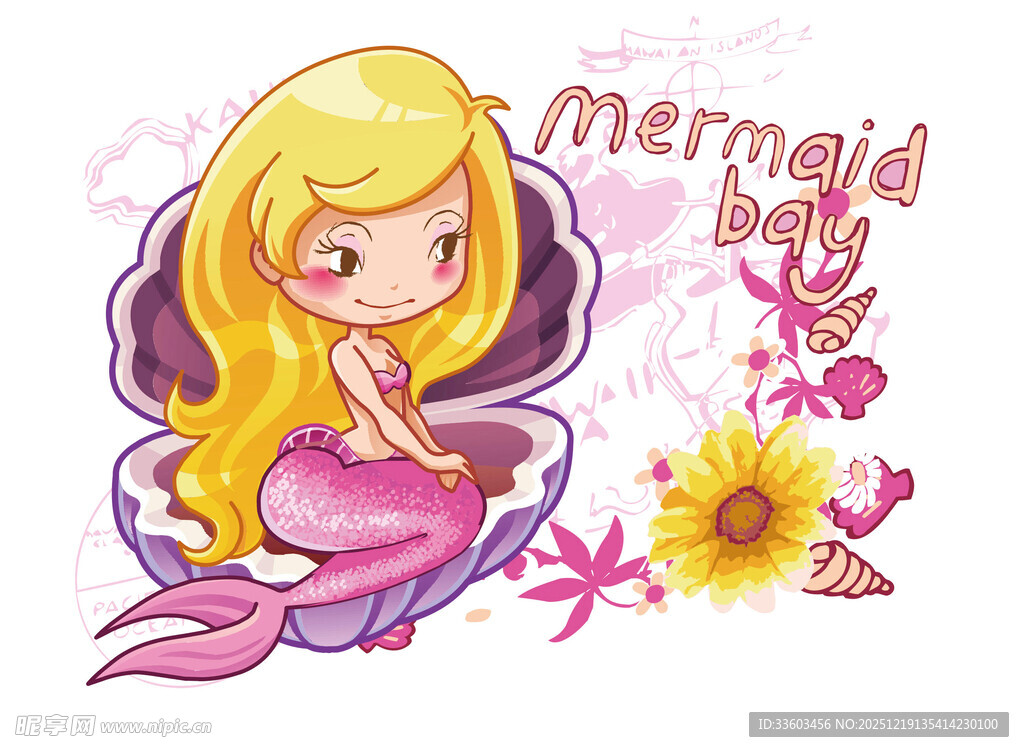 可爱金发小美人鱼插画