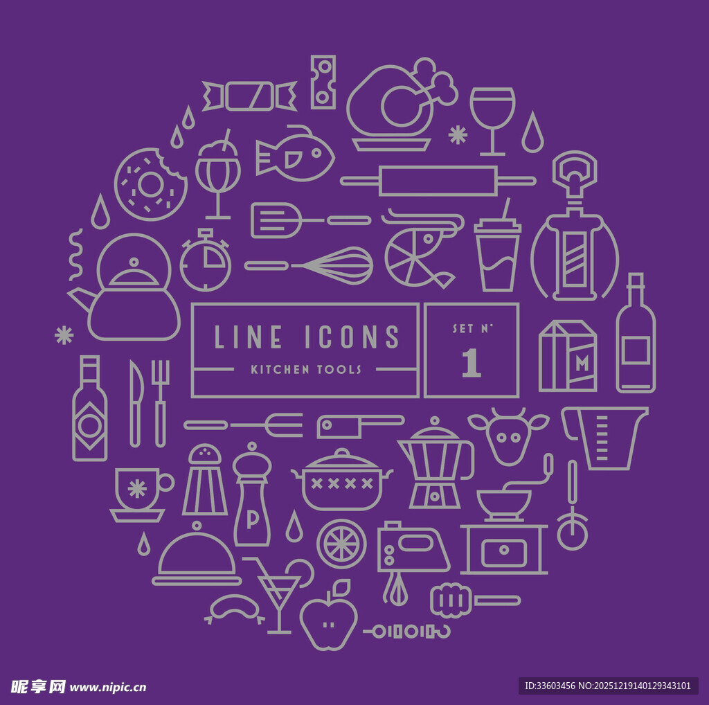 紫色背景线性图标集合