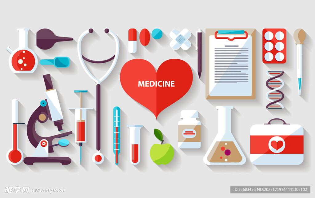 医疗用品与爱心元素集合