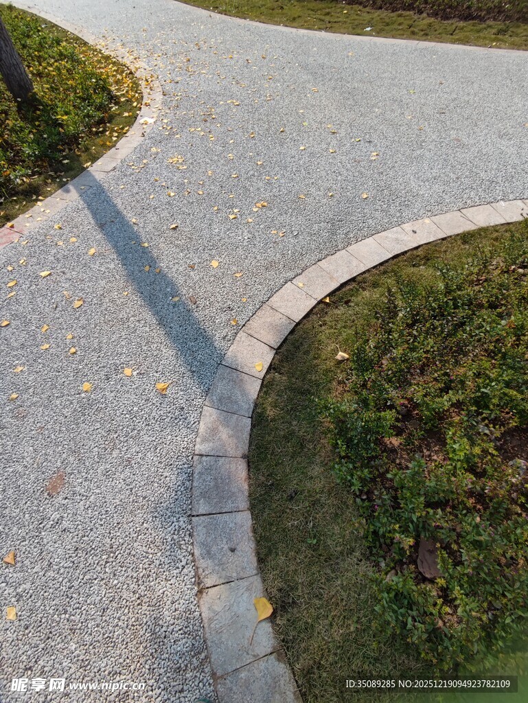 蜿蜒碎石小径绿意相伴