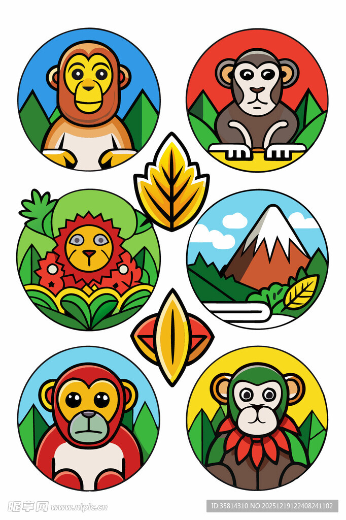 动物风景主题卡通圆形贴纸