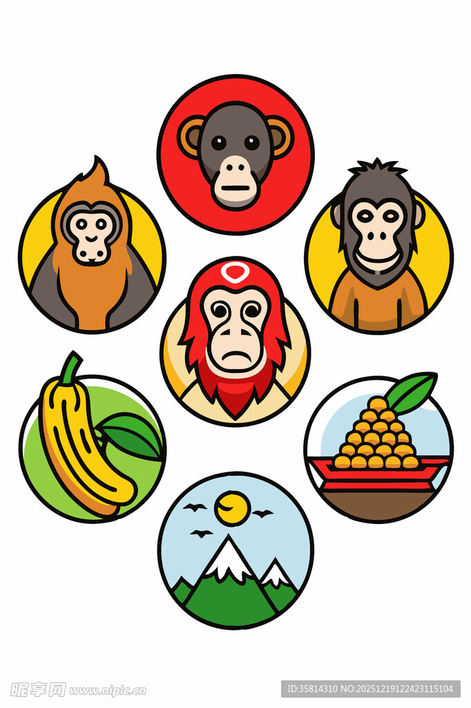 猴子与水果等元素插画