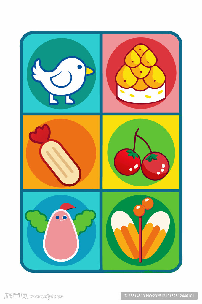 多彩食物与小鸟图标集合