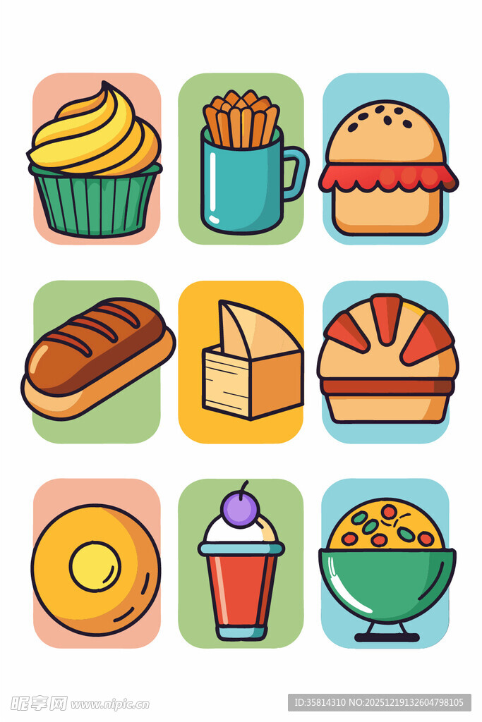 多彩美味的各式食物图标