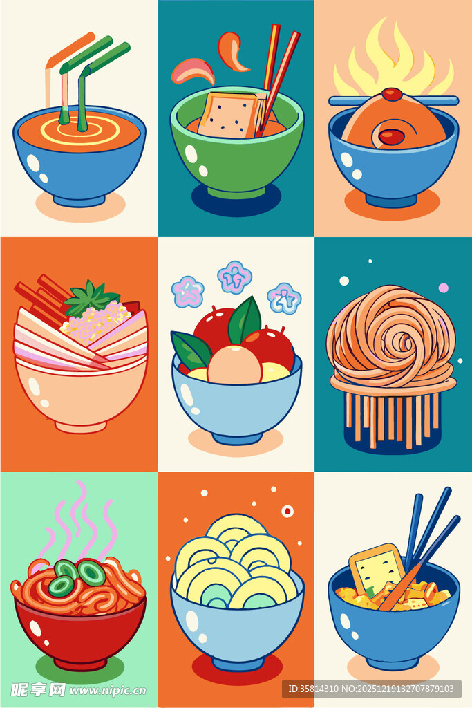 多样美味面食插画展示