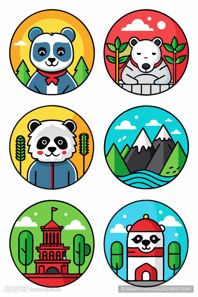 可爱熊猫与地标元素图标