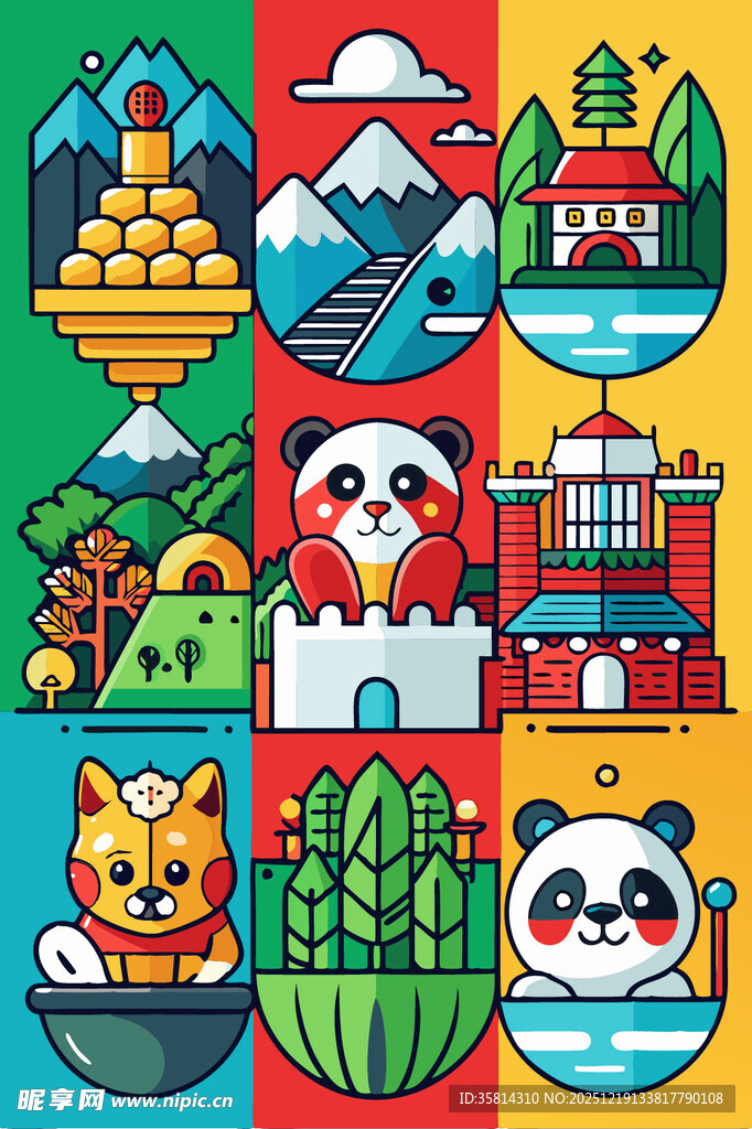 多彩动物与地标图案集合