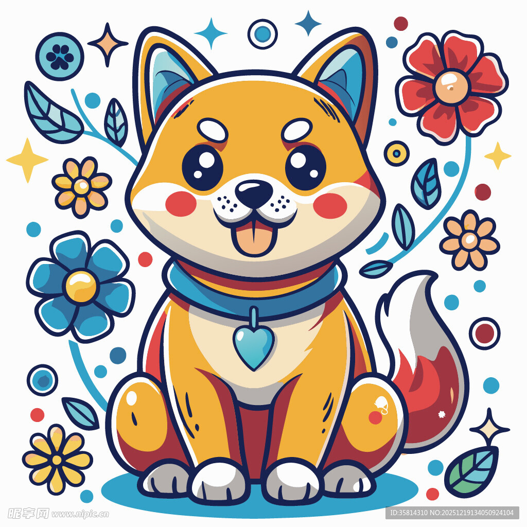 可爱柴犬插画花朵环绕