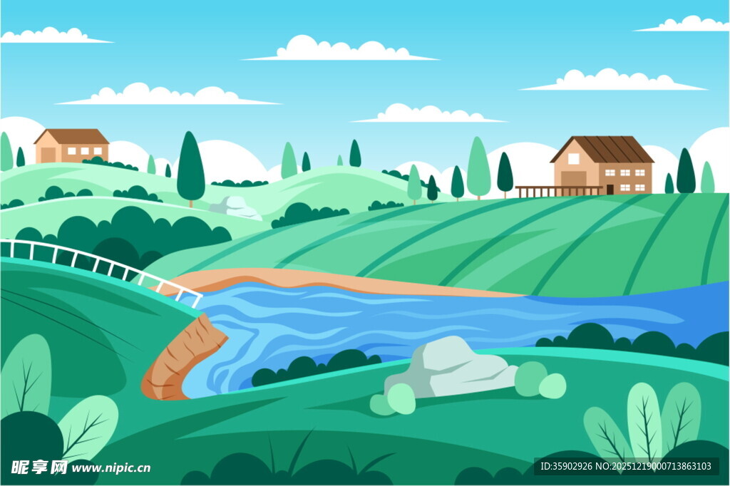 田园风光中的宁静乡村景色