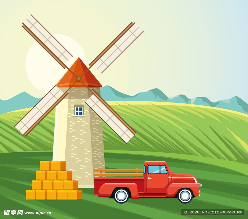 田野中的风车与红色卡车