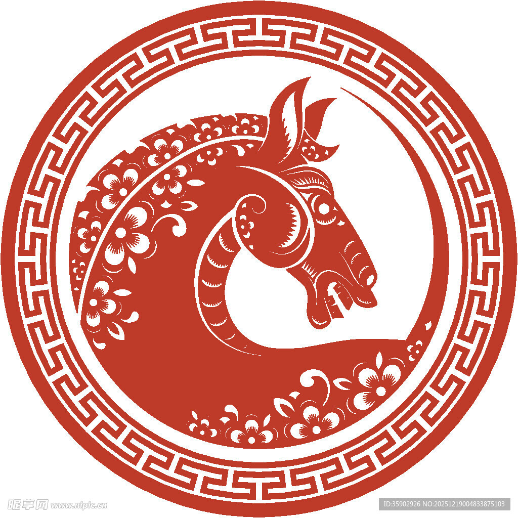 中式红底骏马剪纸图案