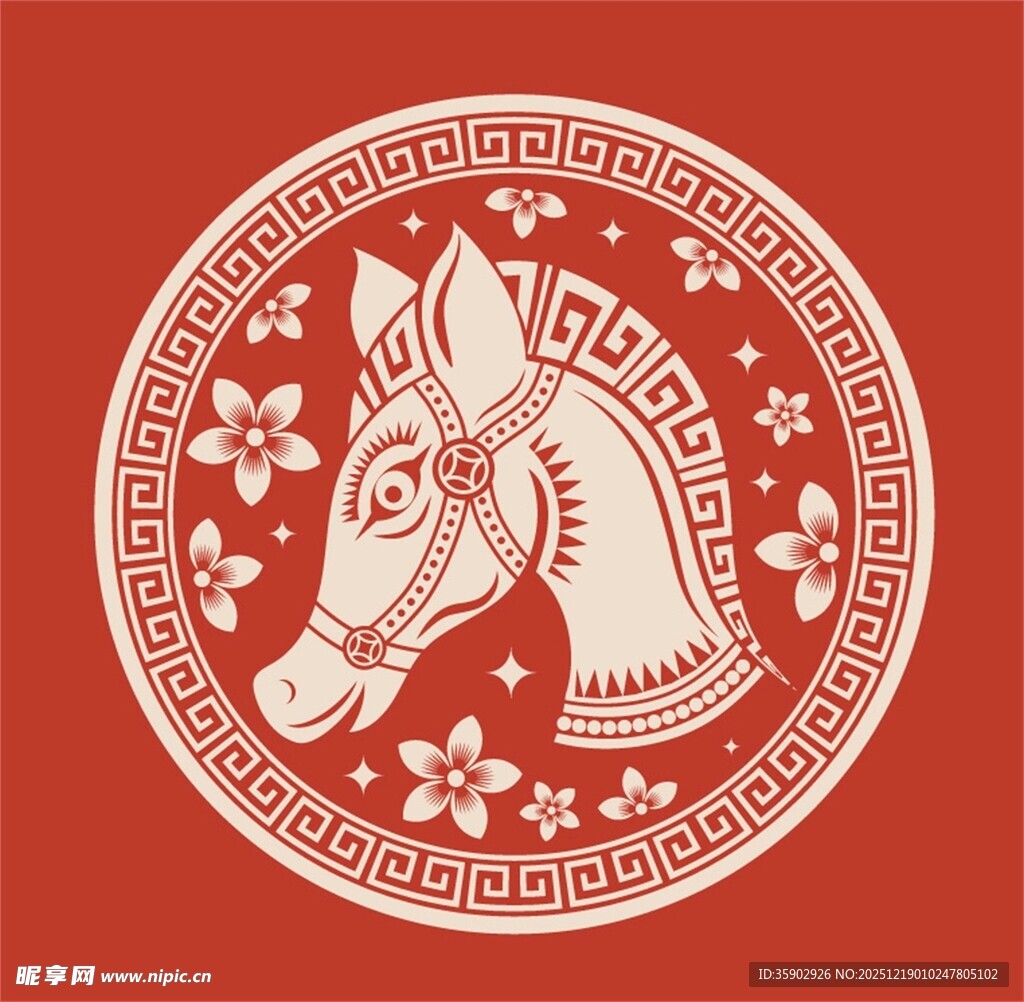 圆形剪纸风马头装饰图案