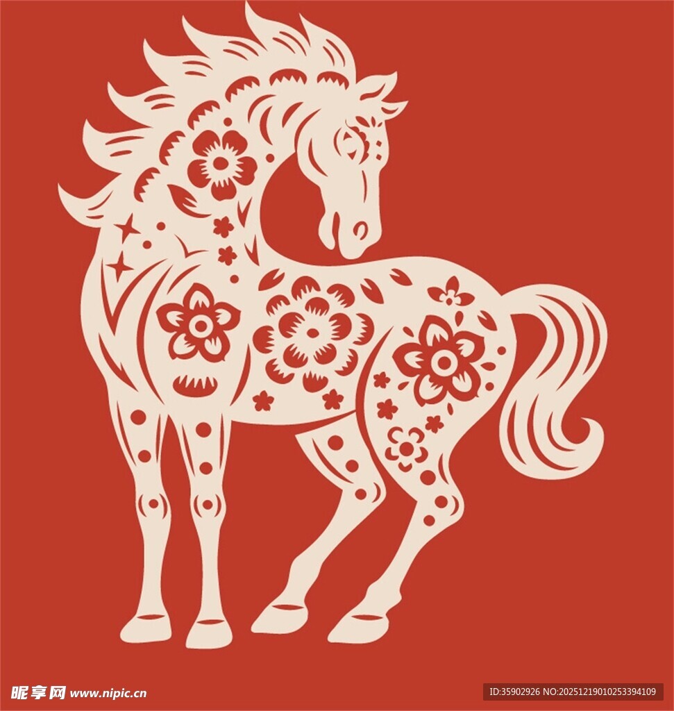 红色剪纸风装饰白马图案