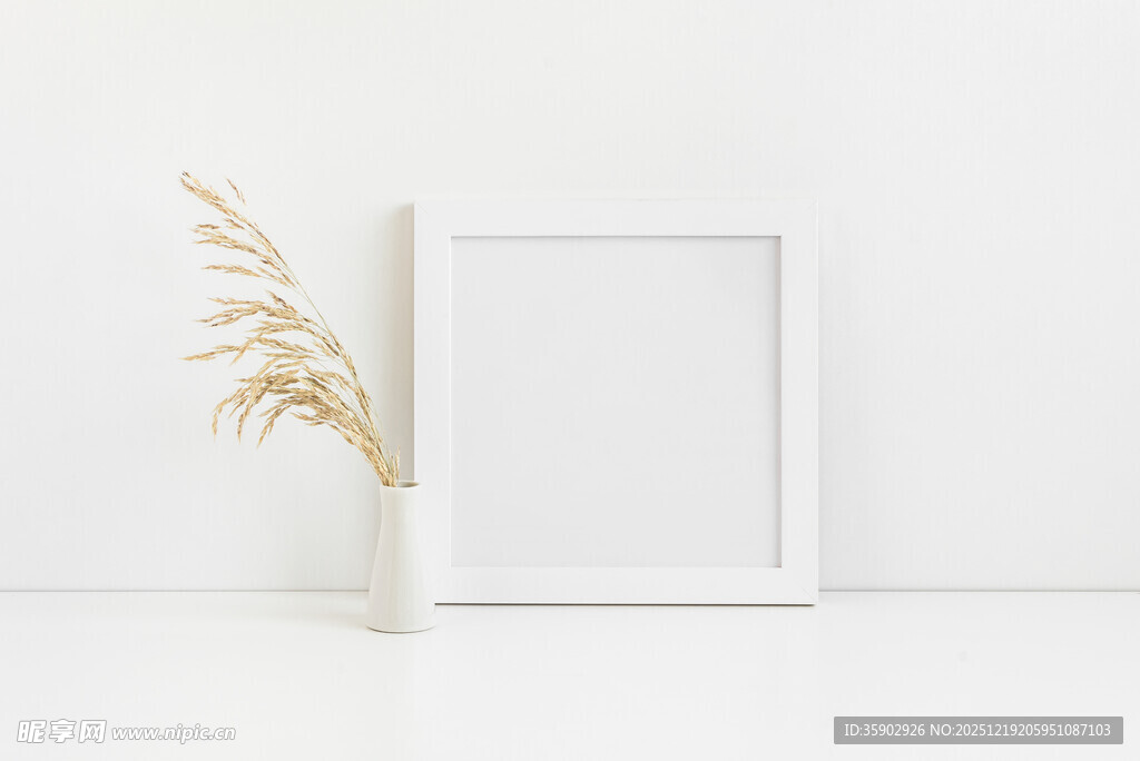 简约白框旁的干花装饰