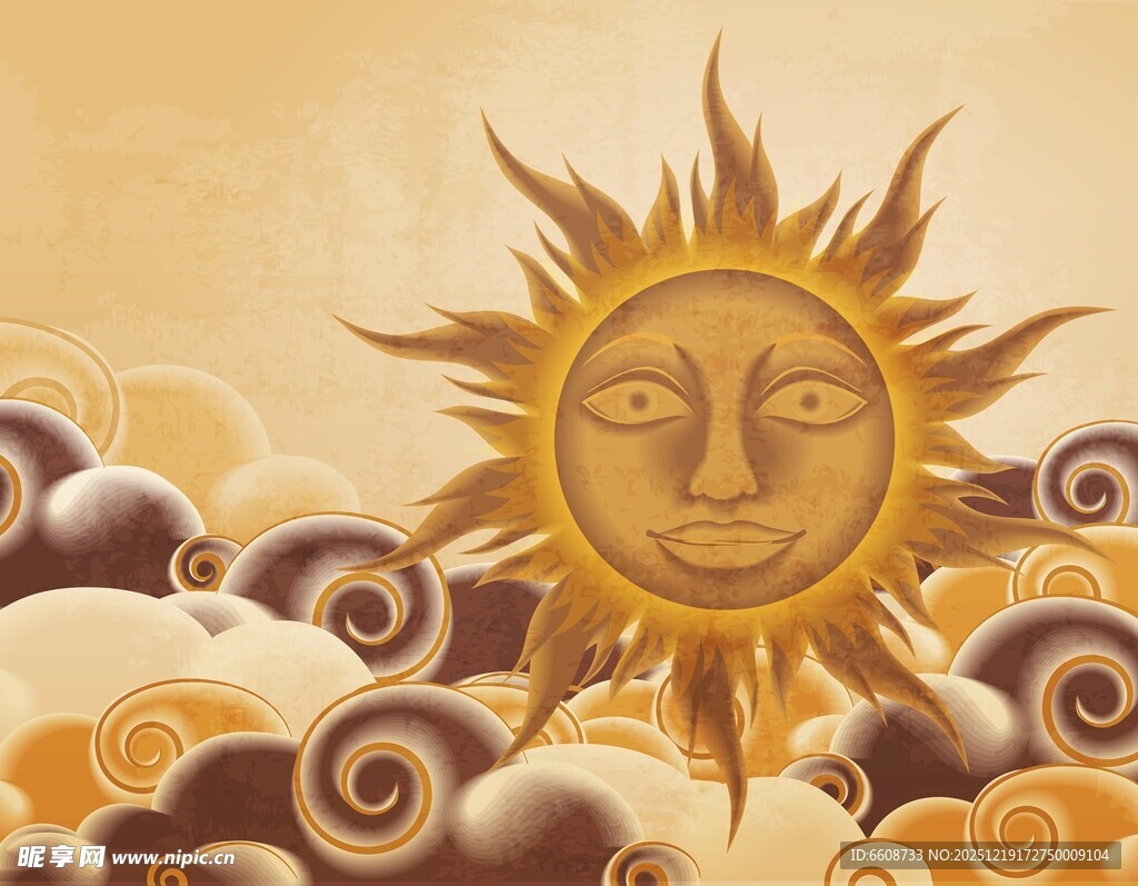 复古风格太阳与云图案