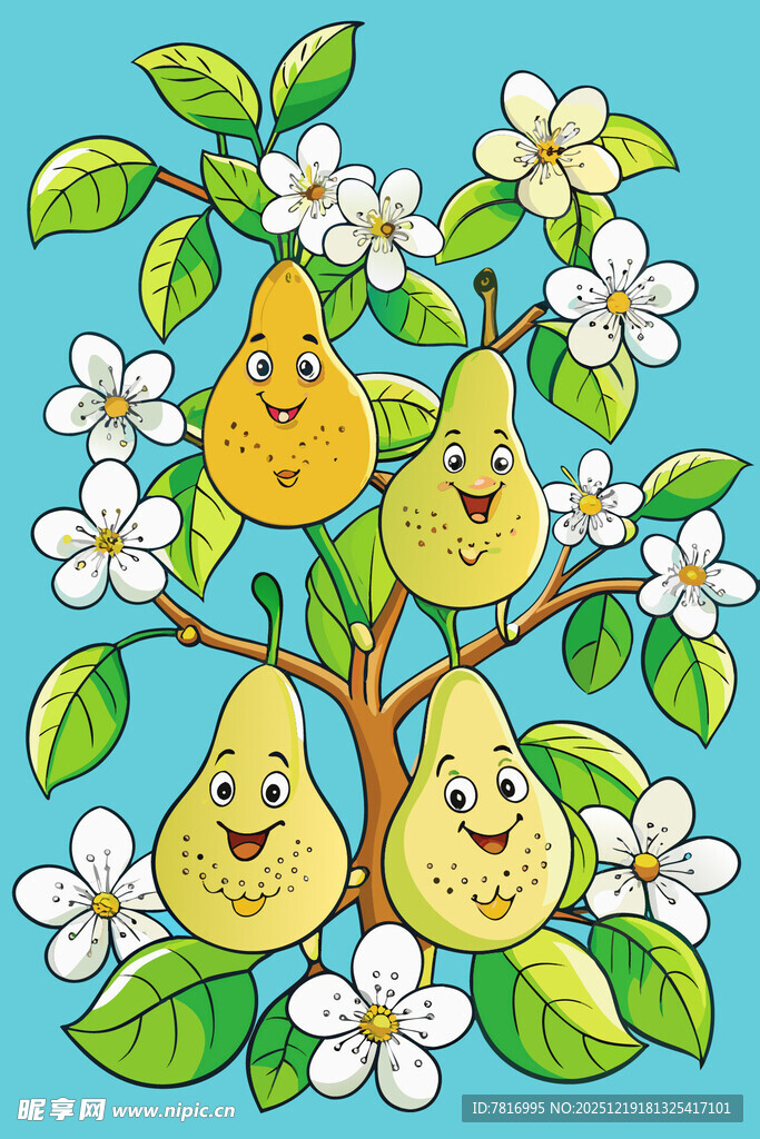 可爱笑脸梨在花枝上