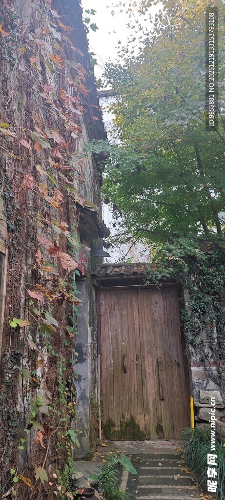 江西婺源古朴砖墙旁的木质门