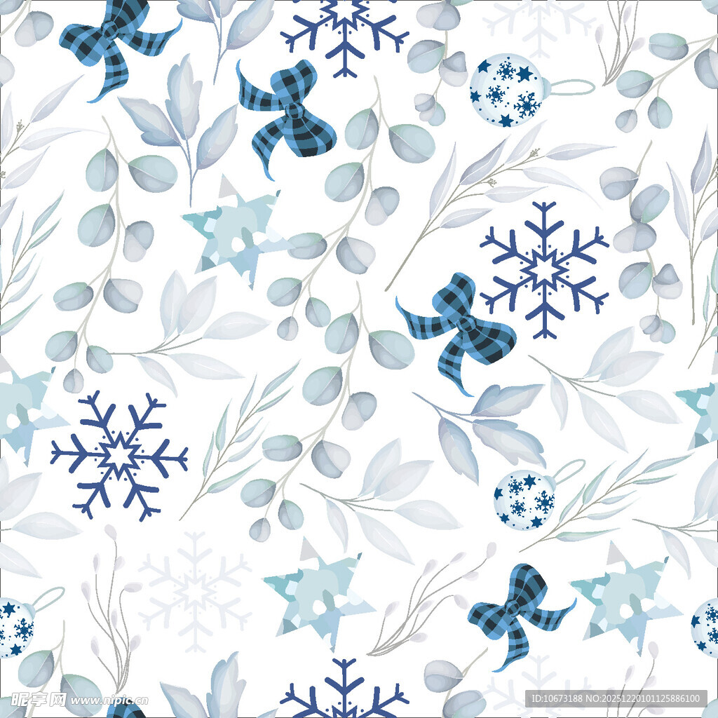 蓝白雪花枝叶花卉图案