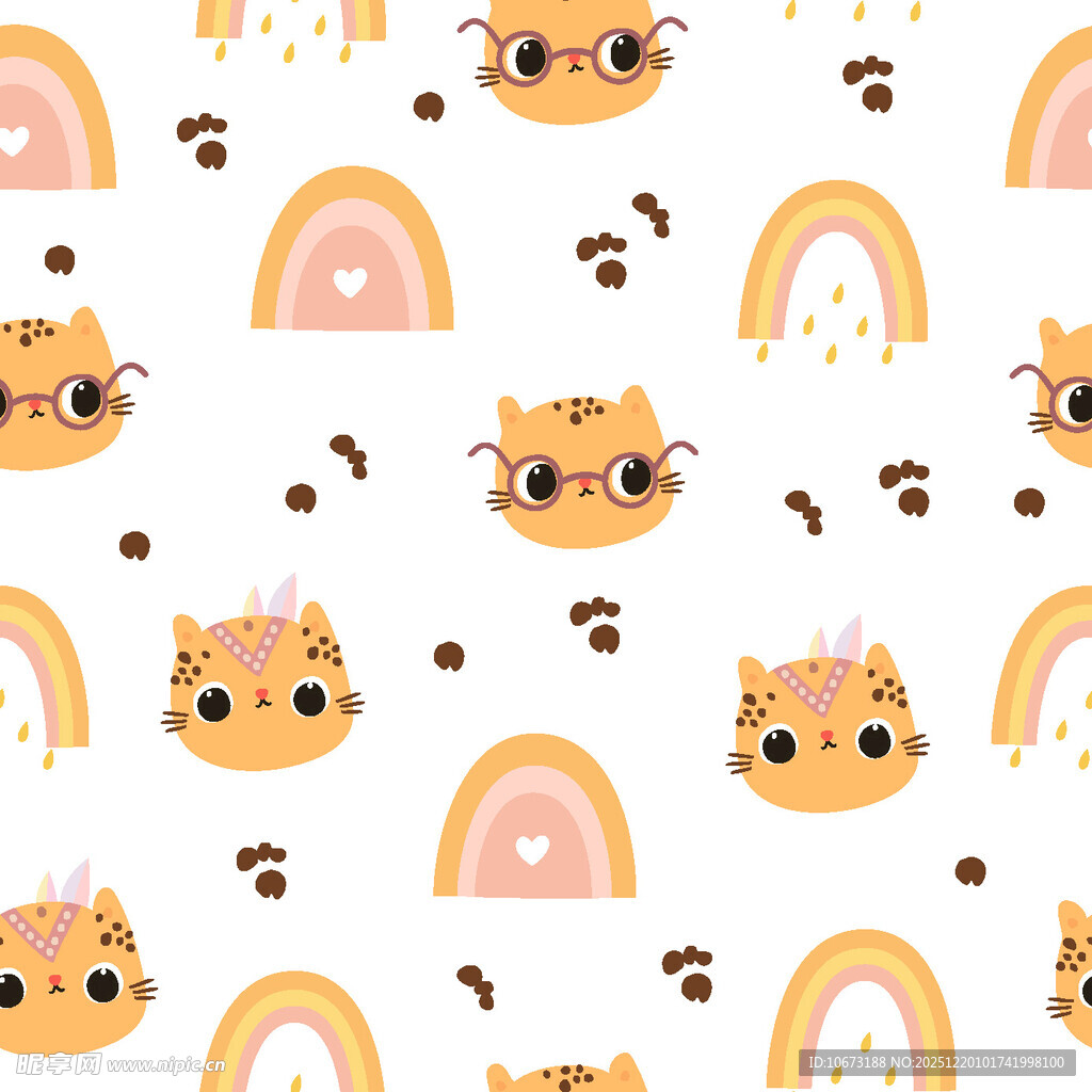 可爱猫咪与彩虹图案背景